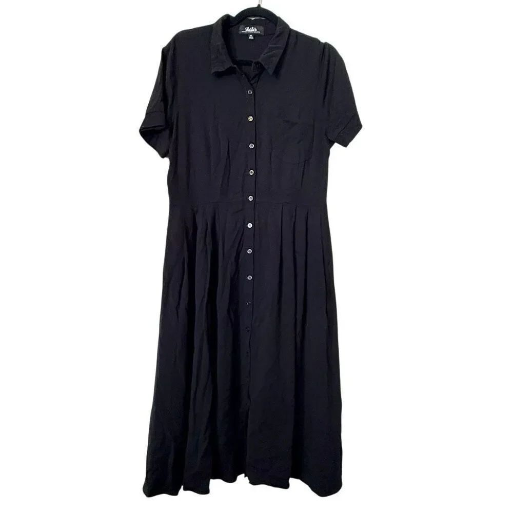 Lulu’s Button Front Pleated Collared Short Sleeve Black Midi Dress Large